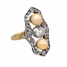 Inel  autentic Art Deco din aur și argint decorat cu diamant natural 0.38 ct și perle naturale Akoya | Franța cca. 1925 Inel  autentic Art Deco din aur și argint decorat cu diamant natural 0.38 ct și perle naturale Akoya | Franța cca. 1925