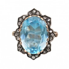 Spectaculos inel  autentic Art Deco manufacturat în aur roz 14k și argint decorat cu diamante și topaz natural 21.16 ct | cca. 1925 Spectaculos inel  autentic Art Deco manufacturat în aur roz 14k și argint decorat cu diamante și topaz natural 21.16 ct | cca. 1925