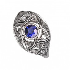 Inel autenticArt Deco din aur galben 14 k decorat cu diamante naturale montate în argint și safir de sinteză | cca.1925 Inel autenticArt Deco din aur galben 14 k decorat cu diamante naturale montate în argint și safir de sinteză | cca.1925