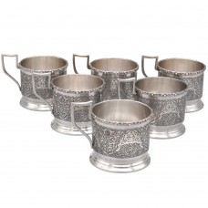Garnitură de 6 suporturi din argint  pentru pahare de ceai ornamentate prin gravare Qalam Zani | atelier Isfahan - Iran Garnitură de 6 suporturi din argint  pentru pahare de ceai ornamentate prin gravare Qalam Zani | atelier Isfahan - Iran