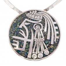 Colier choker din argint accesorizat cu pandant statement Aztec Revival din argint și mozaic de malachit natural | atelier Nestor - Mexic cca. 1950 - 1970 Colier choker din argint accesorizat cu pandant statement Aztec Revival din argint și mozaic de malachit natural | atelier Nestor - Mexic cca. 1950 - 1970