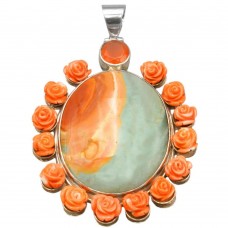 Pandant statement manufacturat în argint cu jasp policrom , coral natural sculptat și carneol natural   Pandant statement manufacturat în argint cu jasp policrom , coral natural sculptat și carneol natural