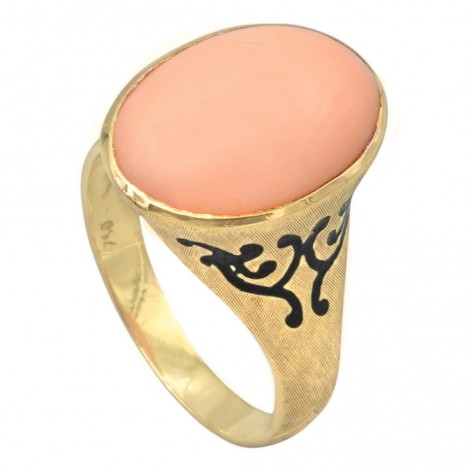 Inel vintage din aur 18k decorată cu un anturaj de coral natural Peau D'ange și email cloissone | cca. 1950 - 1960