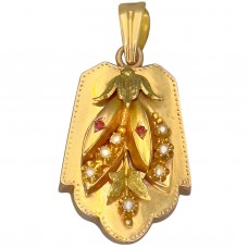 Pandant locket victorian din aur 14k decorat cu perluțe seeds și rubine | cca. 1870 -1880 Pandant locket victorian din aur 14k decorat cu perluțe seeds și rubine | cca. 1870 -1880