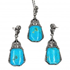 Set de bijuterii vintage Art Deco din argint cu turcoaz natural și marcasite | cercei & colier cu pandant Set de bijuterii vintage Art Deco din argint cu turcoaz natural și marcasite | cercei & colier cu pandant
