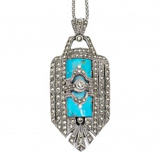 Colier din argint cu pandant Art Deco decorat cu turcoaz natural și marcasite | cca. 1950 Colier din argint cu pandant Art Deco decorat cu turcoaz natural și marcasite | cca. 1950