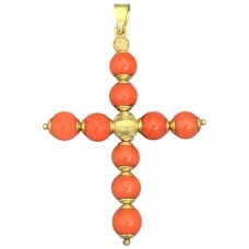 Pandant cruciuliță din aur 18k decorată cu anturaje coral natural de Sardinia | atelier Napoli cca. 1970 Pandant cruciuliță din aur 18k decorată cu anturaje coral natural de Sardinia | atelier Napoli cca. 1970