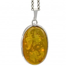 Colier din argint cu pandant statement decorat cu anturaj de chihlimbar natural gravat intaglio cu pești Koi - Ying Yang  Colier din argint cu pandant statement decorat cu anturaj de chihlimbar natural gravat intaglio cu pești Koi - Ying Yang