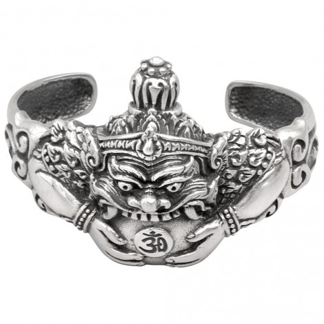 Brățară cuff din argint masiv decorată cu zeitatea apotropaică Phra Rahu | Thailanda - colecția RĂDĂCINI 