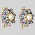 Cercei vintage din aur galben 14k și argint decorați cu perle naturale, rubine și safire de sinteză