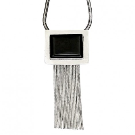 Impresionant colier modernist balinez din argint cu pandant lavalier decorat cu onix negru natural