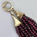 Colier multi-strand de granate rodolit cu închidere din argint aurit stilizată în manieră Etruscan Revival 