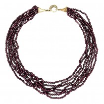 Colier multi-strand de granate rodolit cu închidere din argint aurit stilizată în manieră Etruscan Revival 