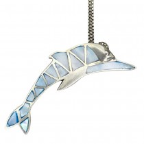 Colier din argint cu pandant delfin intarsiat cu sidef natural iridescent | anii 2000
