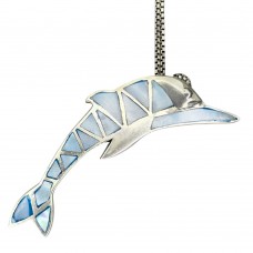 Colier din argint cu pandant delfin intarsiat cu sidef natural iridescent | anii 2000