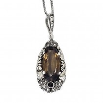Colier din argint accesorizat cu un rafinat pandant de perioadă Art Deco decorat cu anturaj de cuarț fumuriu și onix negru