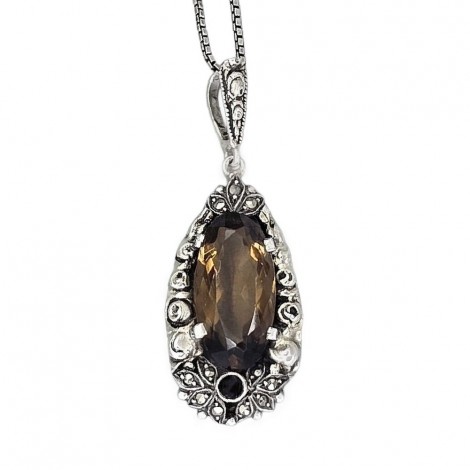 Colier din argint accesorizat cu un rafinat pandant de perioadă Art Deco decorat cu anturaj de cuarț fumuriu și onix negru