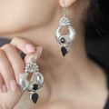 Cercei statement etnici Boho Style din argint decorați cu anturaje de onix negru natural | preloved | India