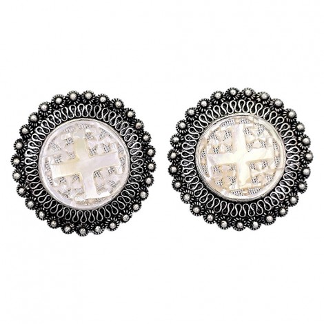 Cercei vintage israelieni manufacturați în argint și sidef natural | Crucea Ierusalimului | cca. 1950