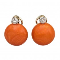 Cercei din aur galben 18k și 14k decorați cu diamante naturale 0.88 ct și coral roșu natural | cca. 1950 - 1960