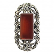 Inel statement în manieră Art Deco din argint decorat cu carneol natural și incrustații de marcasite 