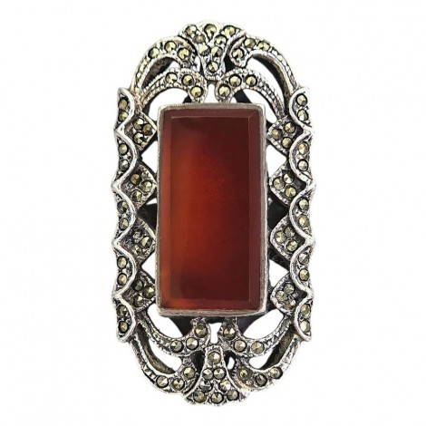 Inel statement în manieră Art Deco din argint decorat cu carneol natural și incrustații de marcasite 