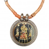 Vechi colier etnic indian din argint cu anturaje de coral și turcoaz  | amuletă hindusă pictată manual | cca. 1900 - 1930