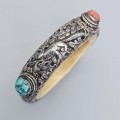 Veche brățară ritualică sino - tibetană din argint, os, coral și turcoaz natural  | Nepal cca 1900