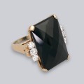 Inel cocktail mid-century în manieră Art Deco din aur galben 14k decorat cu calcedonie neagră 34.5 CT & diamante naturale 1 CT | cca. 1960 