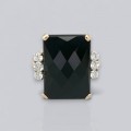 Inel cocktail mid-century în manieră Art Deco din aur galben 14k decorat cu calcedonie neagră 34.5 CT & diamante naturale 1 CT | cca. 1960 