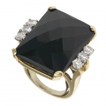 Inel cocktail mid-century în manieră Art Deco din aur galben 14k decorat cu calcedonie neagră 34.5 CT & diamante naturale 1 CT | cca. 1960 