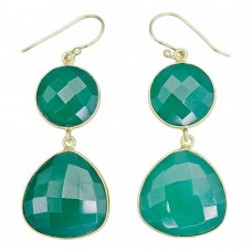 Cercei statement din argint placat cu aur galben decorați cu anturaje de calcedonia verde multifațetată