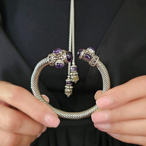 Remarcabilă brățară cuff balineză manufacturată în argint & ametiste naturale | preloved | atelier Suarti 