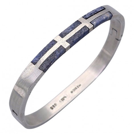 Brățară bangle modernistă mexicană din argint masiv și sodalit natural | atelier Taxco cca. 1970 - 1980