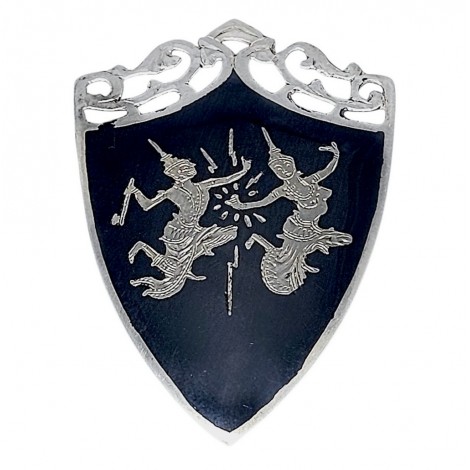 Broșă vintage siameză decorată prin gravare manuală și patinare cu niel  | Thailanda cca. 1950 - 1960