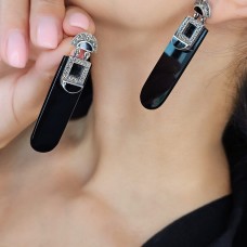  Cercei statement stil Art Deco din argint, onix negru & incrustații de marcasite | new old stock