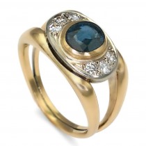 Inel retromodernist din aur galben 18k decorat cu diamante naturale 0.23 ct și safir natural 1 ct | Italia cca. 1960 - 1970