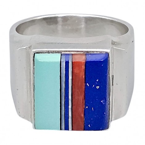 Inel etnic amerindian Navajo din argint decorat cu mozaic de pietre naturale: turcoaz Robin Egg Blue, lapis lazuli & coral | Statele Unite | cca. 1970 