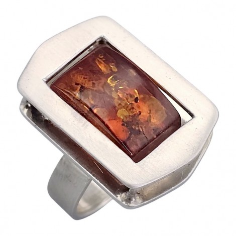 Inel statement cu arhitectură modernist-futuristă din argint & chihlimbar baltic natural | Polonia | cca. 1990 - 2000