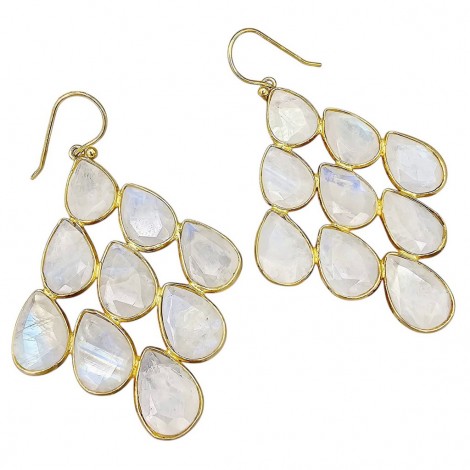 Cercei statement din argint placat aurit , decorați cu anturaje de piatra lunii