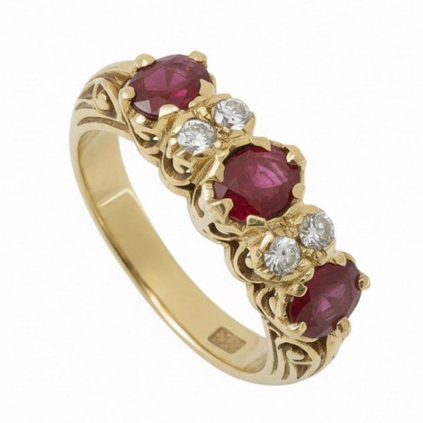 Inel victorian din aur galben 9k decorat cu diamante  și rubine naturale  |  Marea Britanie cca. 1880 - 1900