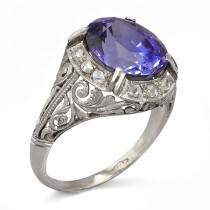 Inel cocktail Art Deco din aur alb 18k și 14k decorat cu diamante naturale și safir de sinteză | cca, 1930 - 1940