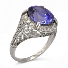 Inel cocktail Art Deco din aur alb 18k și 14k decorat cu diamante naturale și safir de sinteză | cca, 1930 - 1940