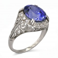 Inel cocktail Art Deco din aur alb 18k și 14k decorat cu diamante naturale și safir de sinteză | cca. 1930 - 1940