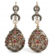 Cercei Art Deco din aur roșu , aur galben 12k și argint decorați cu diamante, safire roz naturale și perle de cultură | cca. 1920 - 1935