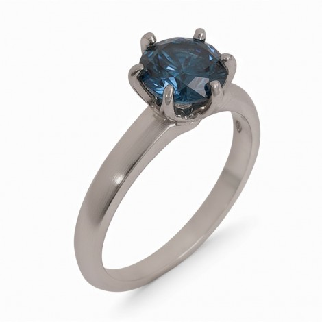 Inel solitar din aur alb 18k decorat cu un diamant natural albastru 1.55 CT | preloved