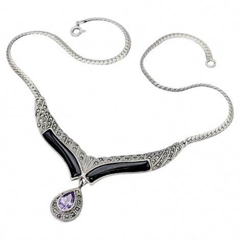 Elegant colier în stil Art Deco din argint docorat cu onix, incrustații de marcasite și ametist | new old stock