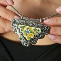 Colier etnic indian din argint cu pandant statement decorat cu porțelan pictat manual 