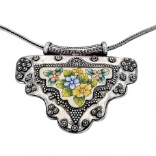 Colier etnic indian din argint cu pandant statement decorat cu porțelan pictat manual 
