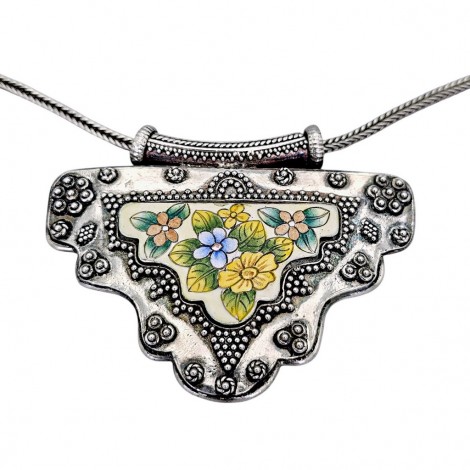 Colier etnic indian din argint cu pandant statement decorat cu porțelan pictat manual 